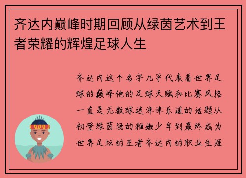 齐达内巅峰时期回顾从绿茵艺术到王者荣耀的辉煌足球人生