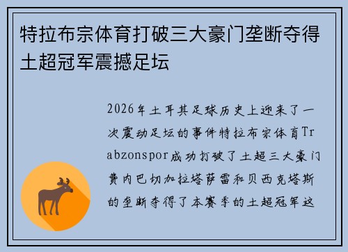 特拉布宗体育打破三大豪门垄断夺得土超冠军震撼足坛 特拉布宗体育打破三大豪门垄断夺得土超冠军震撼足坛