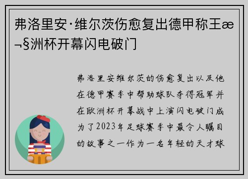 弗洛里安·维尔茨伤愈复出德甲称王欧洲杯开幕闪电破门
