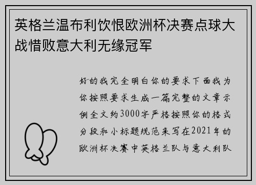 英格兰温布利饮恨欧洲杯决赛点球大战惜败意大利无缘冠军